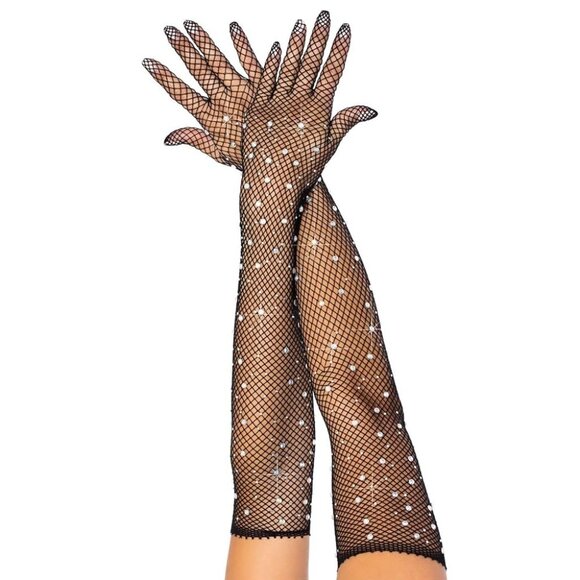 BLACK Mesh Rhinestone Elbow Opera Length Showgirl Gloves NEW NIP - Picture 1 of 3